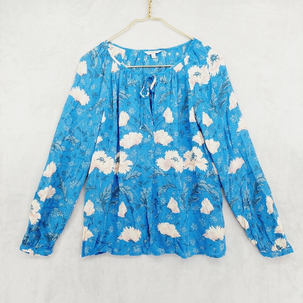 Lucky Brand Raglan Sleeve Lightweight Tie Neck Floral Blue Blouse P6410